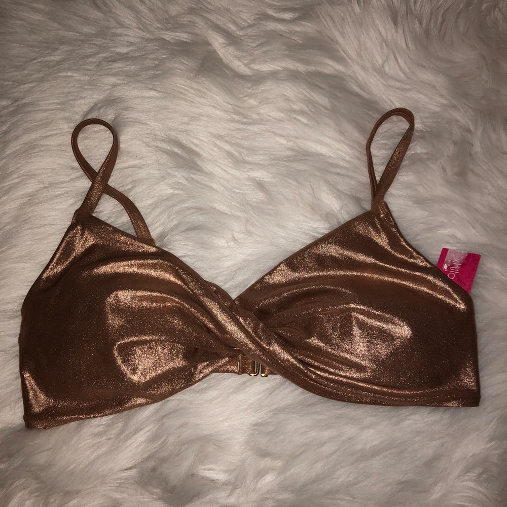 Gold sparkly bikini top with a twist knot